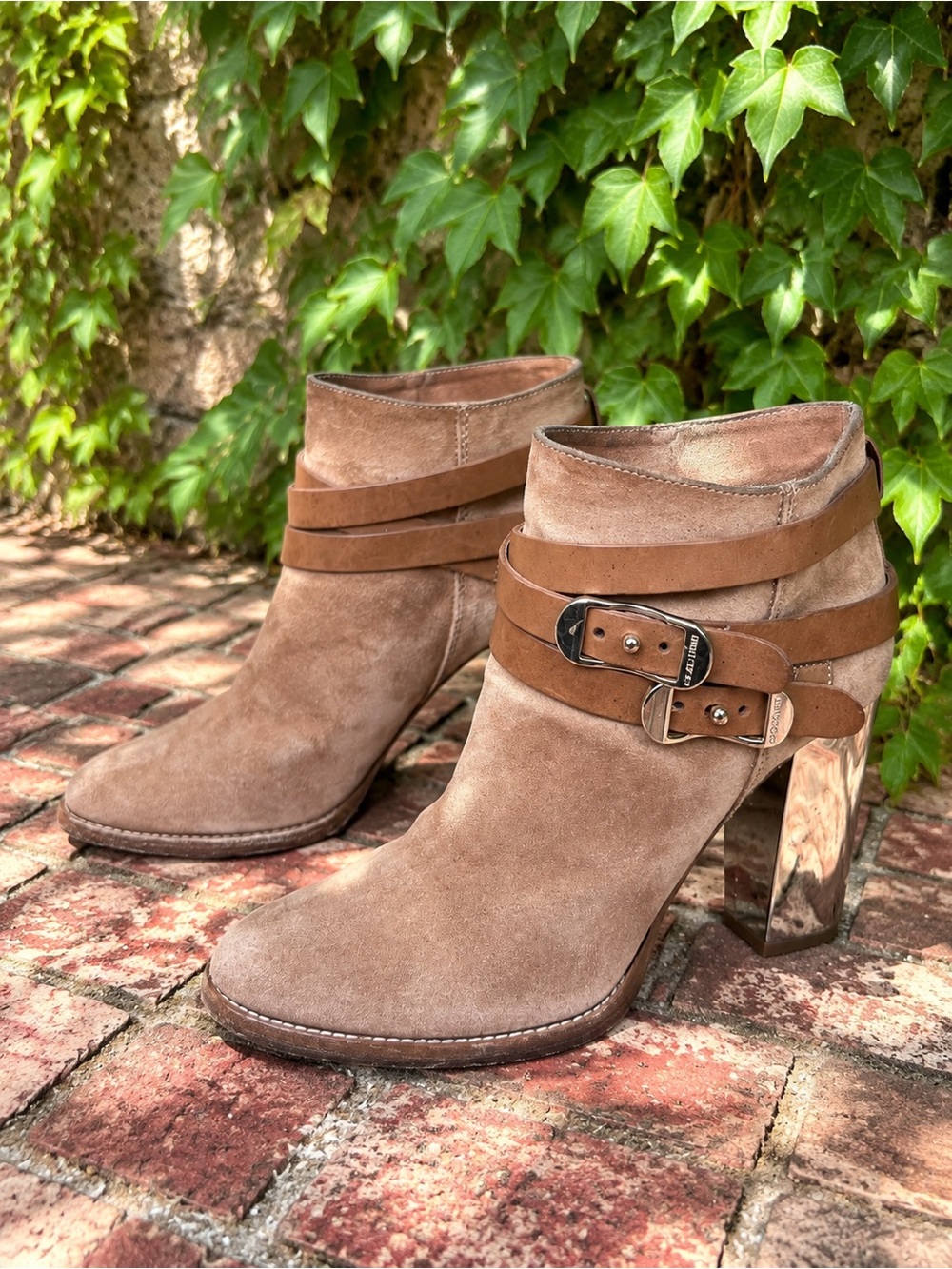 JIMMY CHOO Tan Suede Wrapped Buckle Gold Mirror Heel Ankle Boots, 39